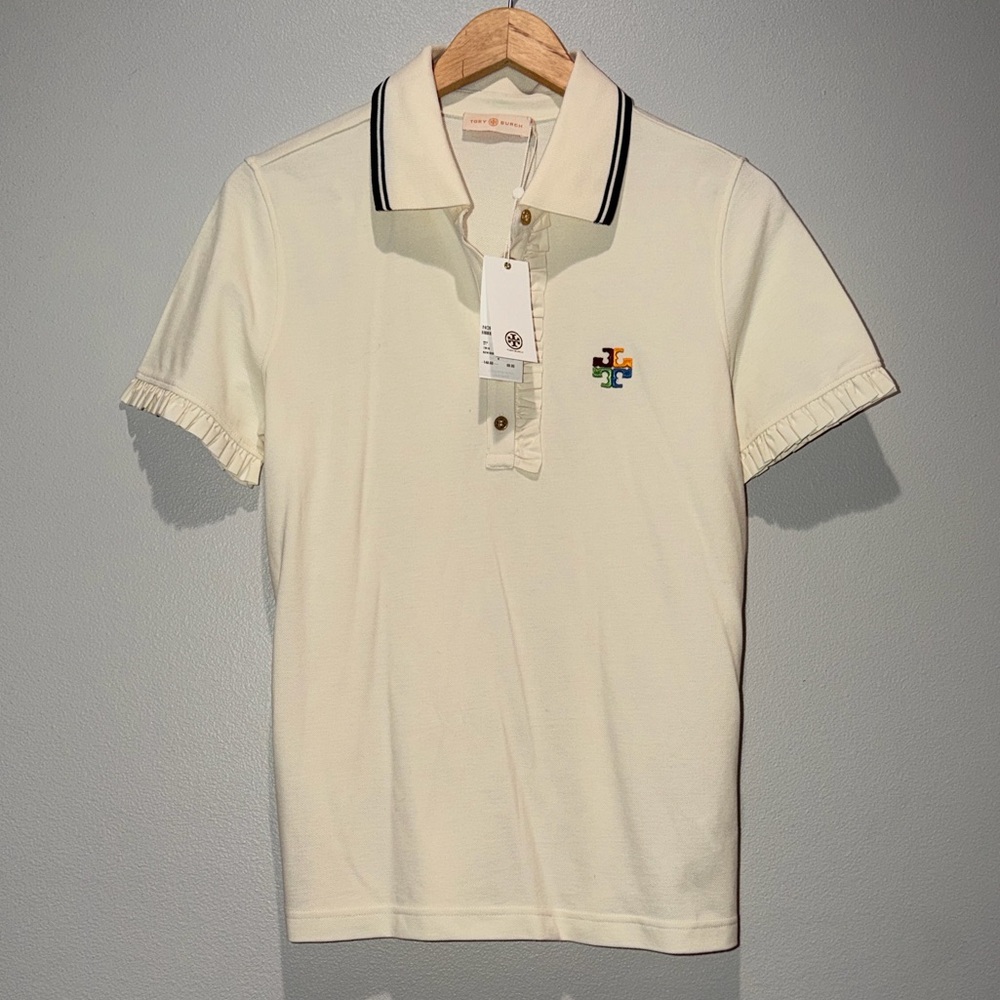Tory Burch Cream Ruffle Polo Top Size Medium BNWT - Picture 3 of 3